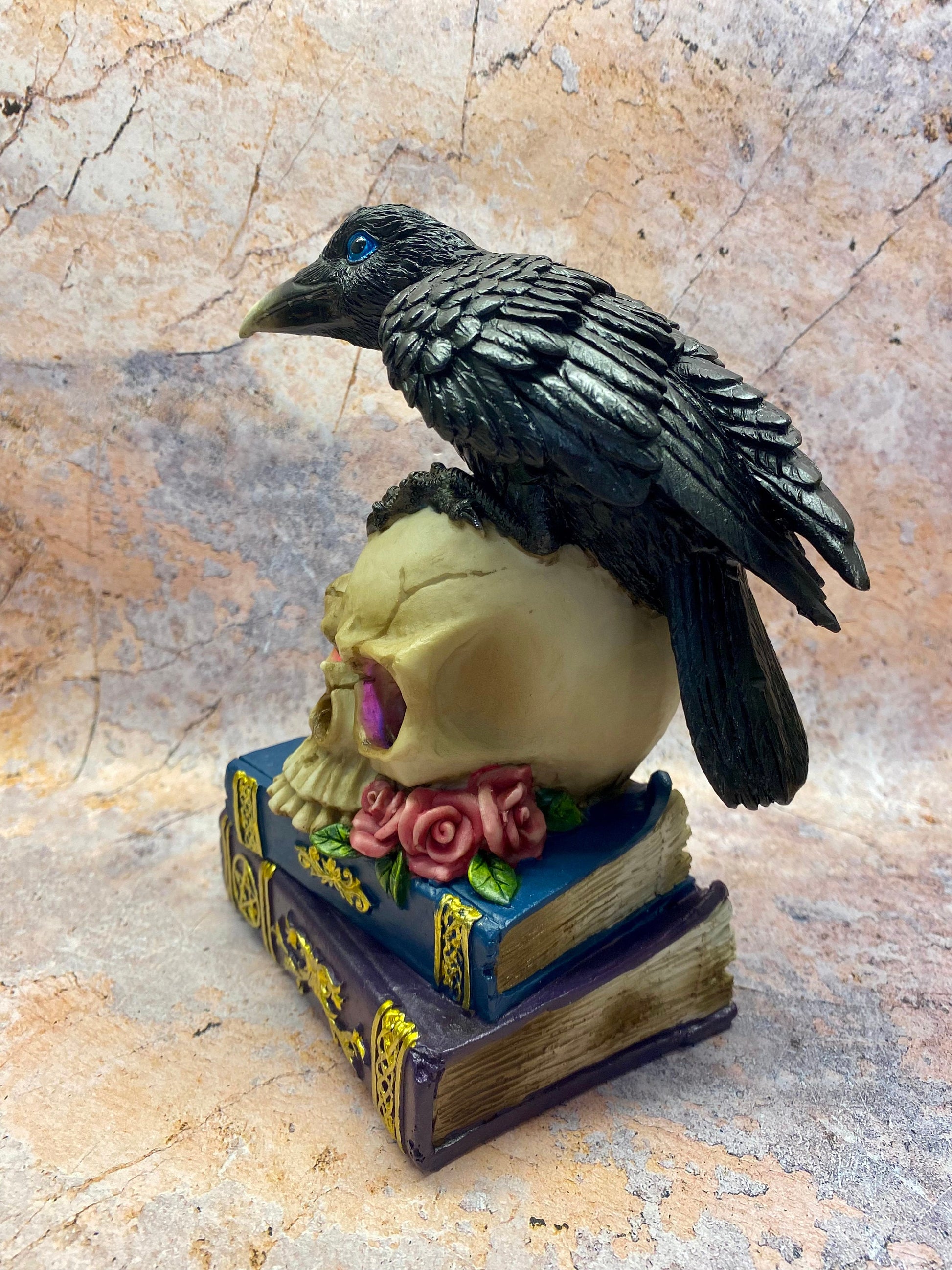 Mystical Raven on LED Skull with Witchcraft Books | Gothic Home Decor | Halloween Decoration Raven Figurine | Witchcraft Gift | Occult Decor-Osiris Craftworks