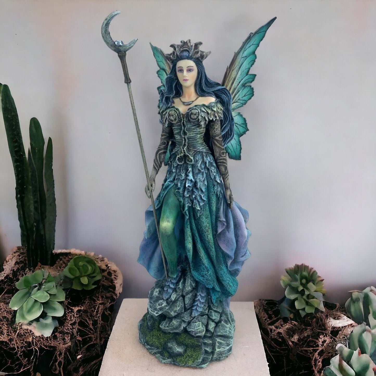 Mystical Moon Fairy Holding Staff Statue, Sculpture for Indoor Fantasy Home Decor, Enchanting Fairy Tale Ornament, Whimsical Collectible-Osiris Craftworks