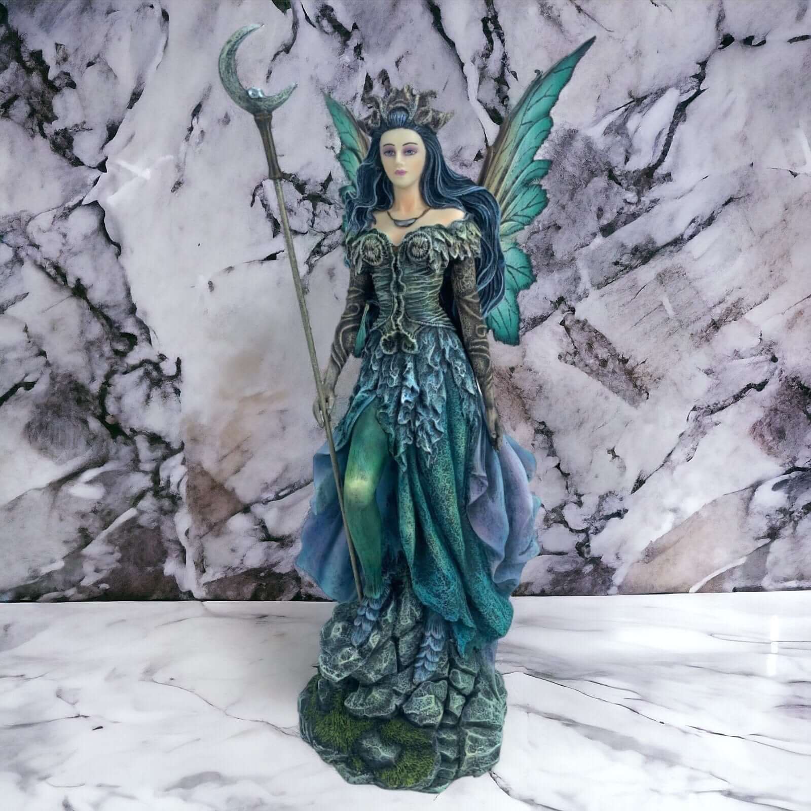 Mystical Moon Fairy Holding Staff Statue, Sculpture for Indoor Fantasy Home Decor, Enchanting Fairy Tale Ornament, Whimsical Collectible-Osiris Craftworks