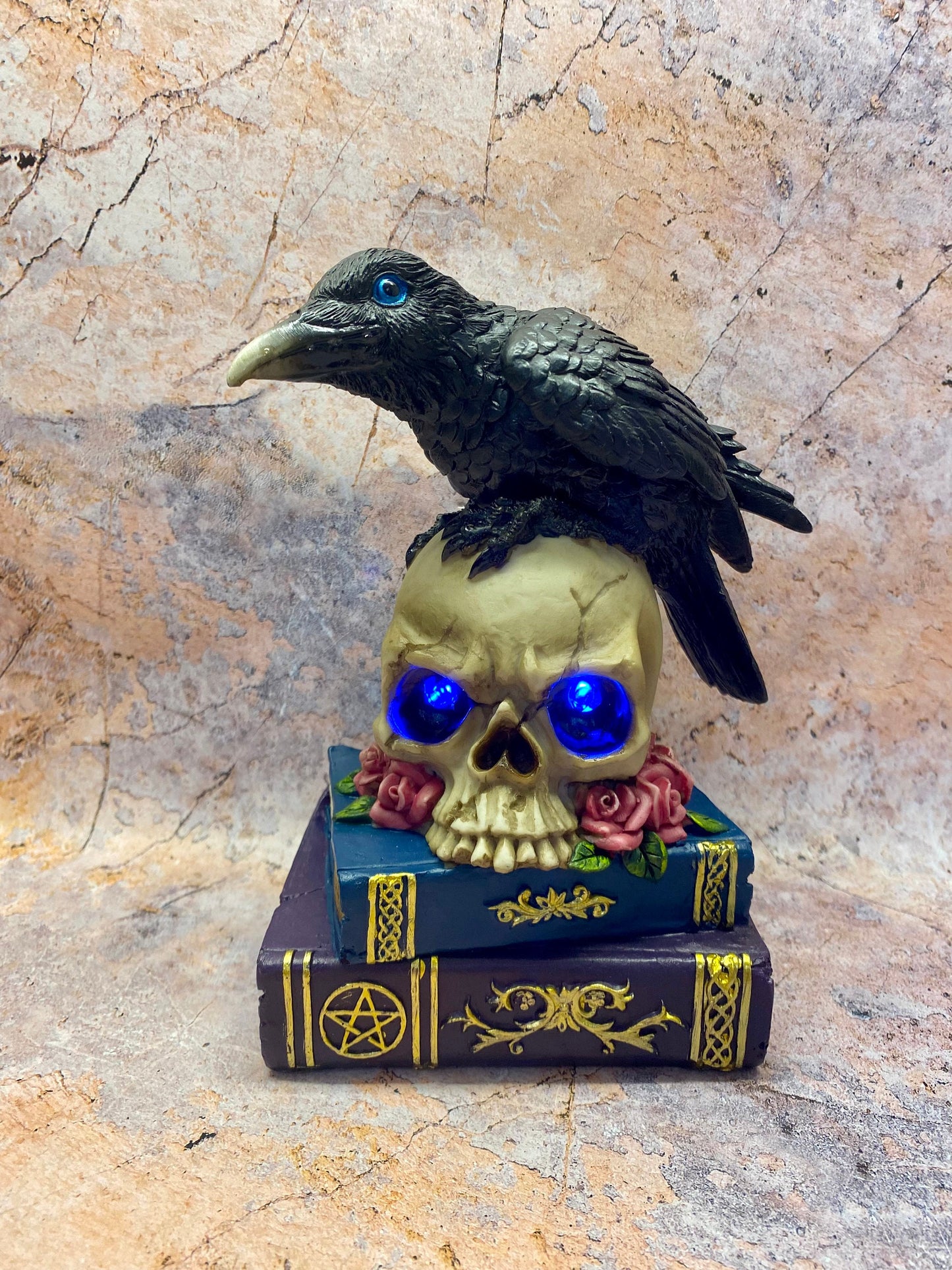 Mystical Raven on LED Skull with Witchcraft Books | Gothic Home Decor | Halloween Decoration Raven Figurine | Witchcraft Gift | Occult Decor-Osiris Craftworks