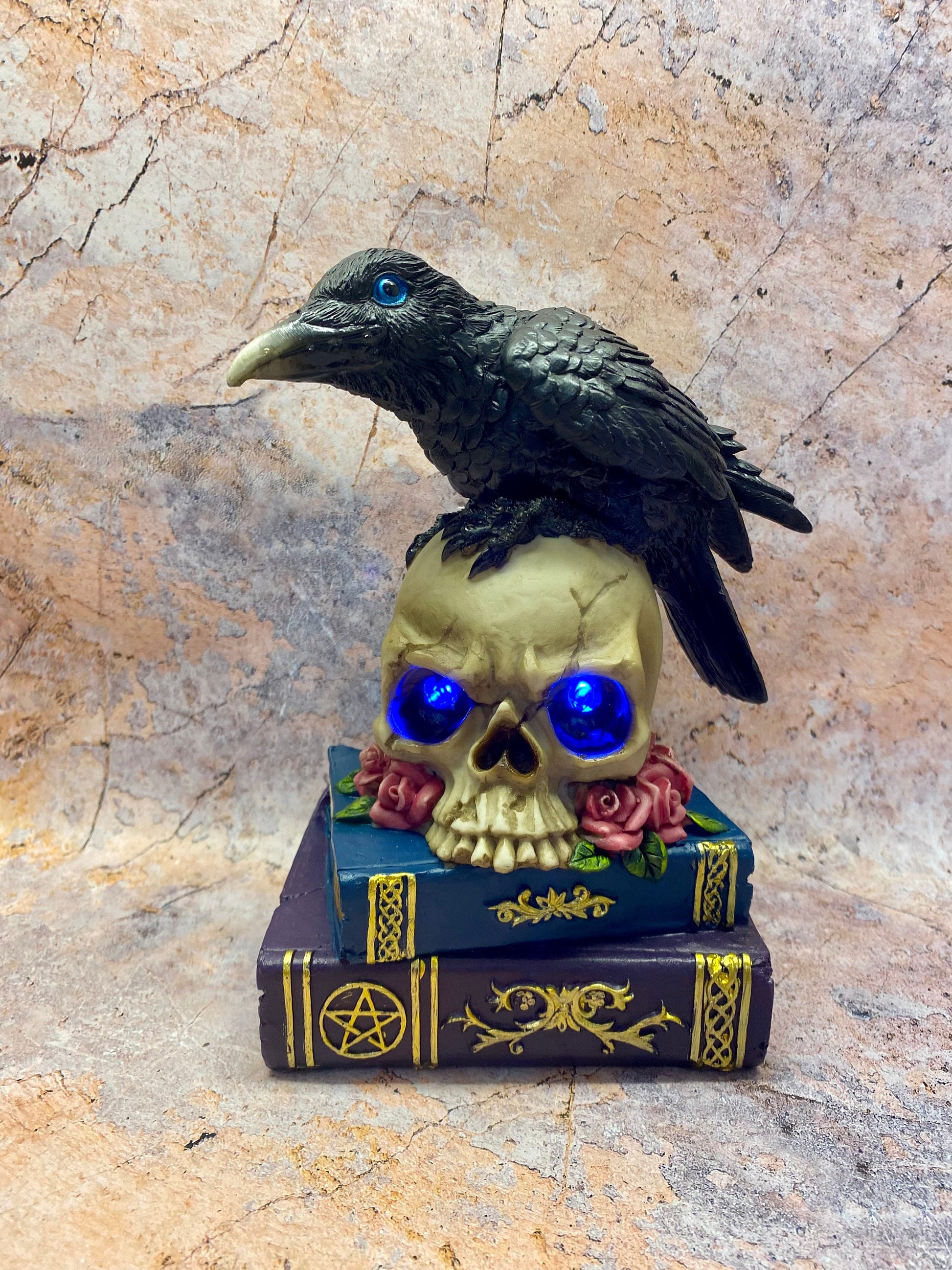 Mystical Raven on LED Skull with Witchcraft Books | Gothic Home Decor | Halloween Decoration Raven Figurine | Witchcraft Gift | Occult Decor-Osiris Craftworks