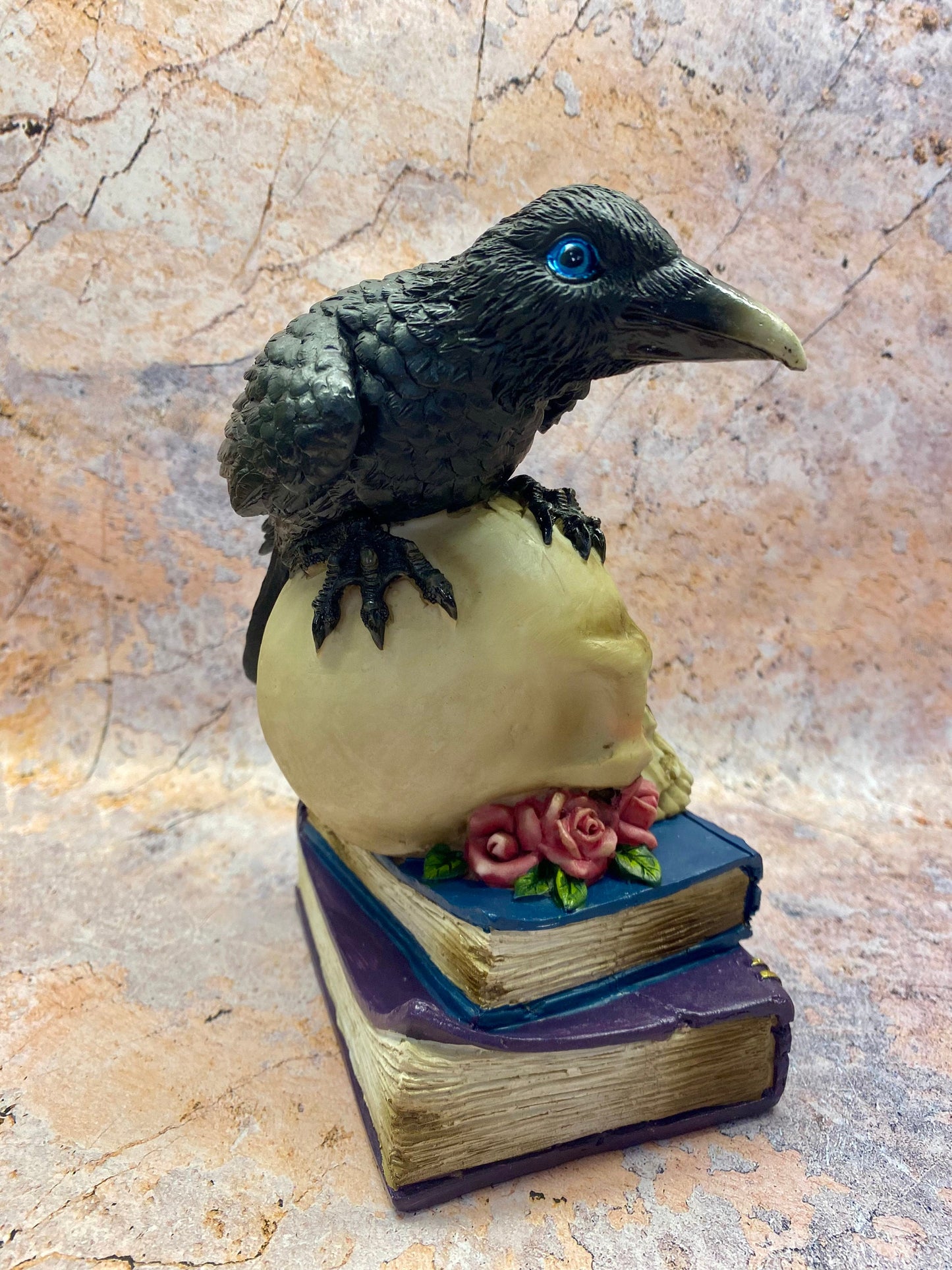 Mystical Raven on LED Skull with Witchcraft Books | Gothic Home Decor | Halloween Decoration Raven Figurine | Witchcraft Gift | Occult Decor-Osiris Craftworks