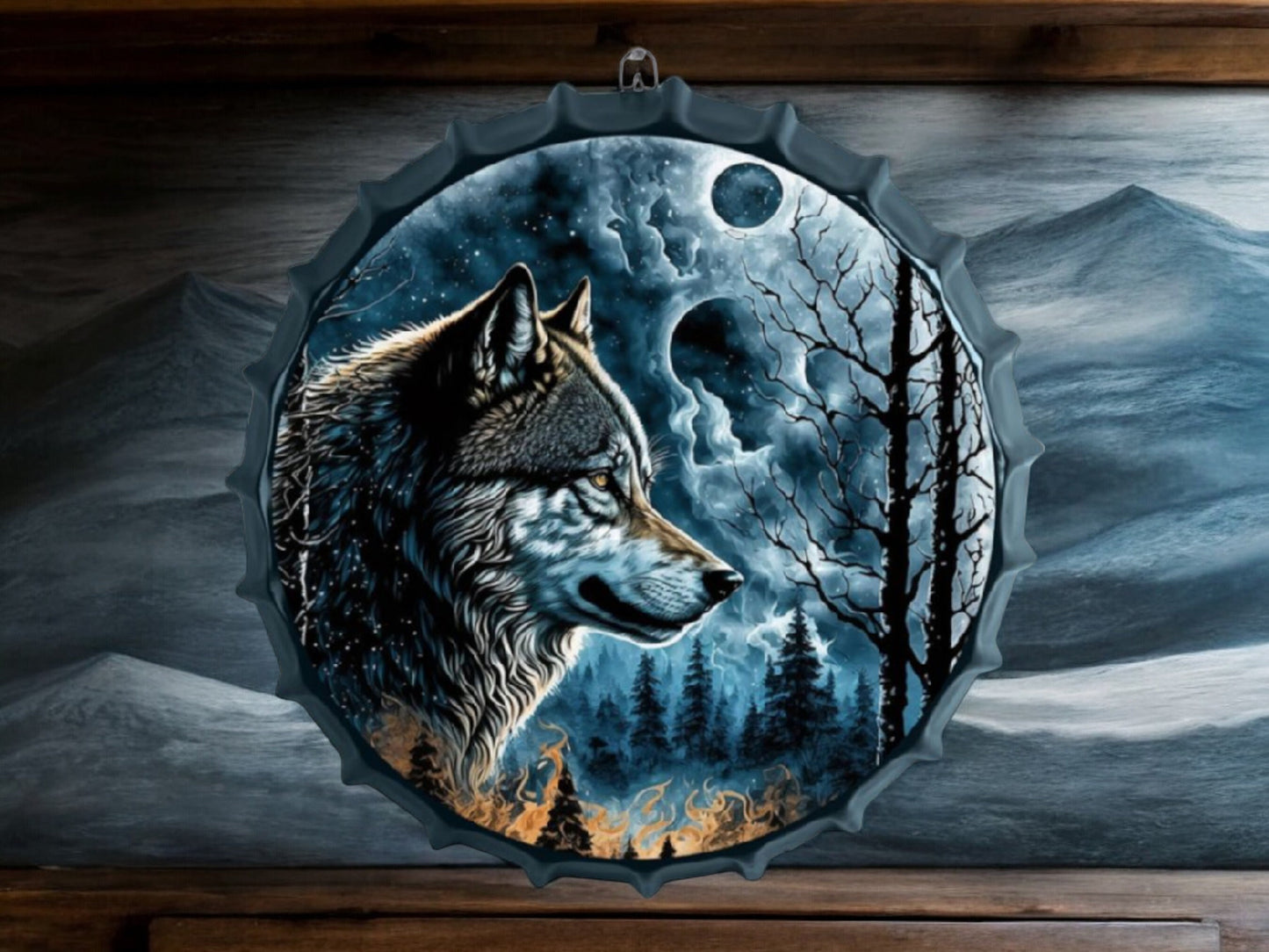 Décoration murale en métal au clair de lune Lone Wolf - Décoration de loup en métal de 42 cm, prête à accrocher, rêve d'amoureux de la nature, décoration d'intérieur rustique