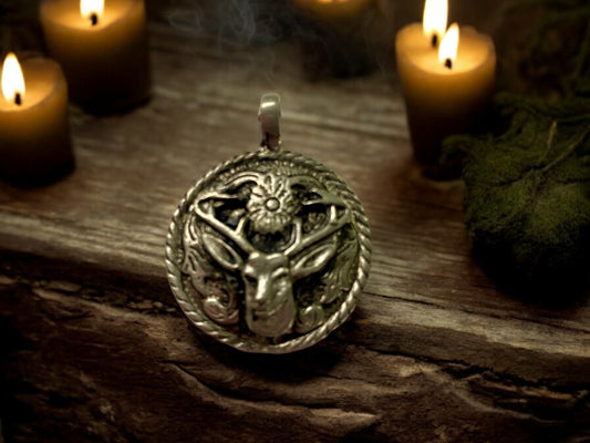 Stag Power Amulet Pendant - Lead-Free Pewter Celtic Necklace, Handmade Spiritual Protection Jewellery with Cord