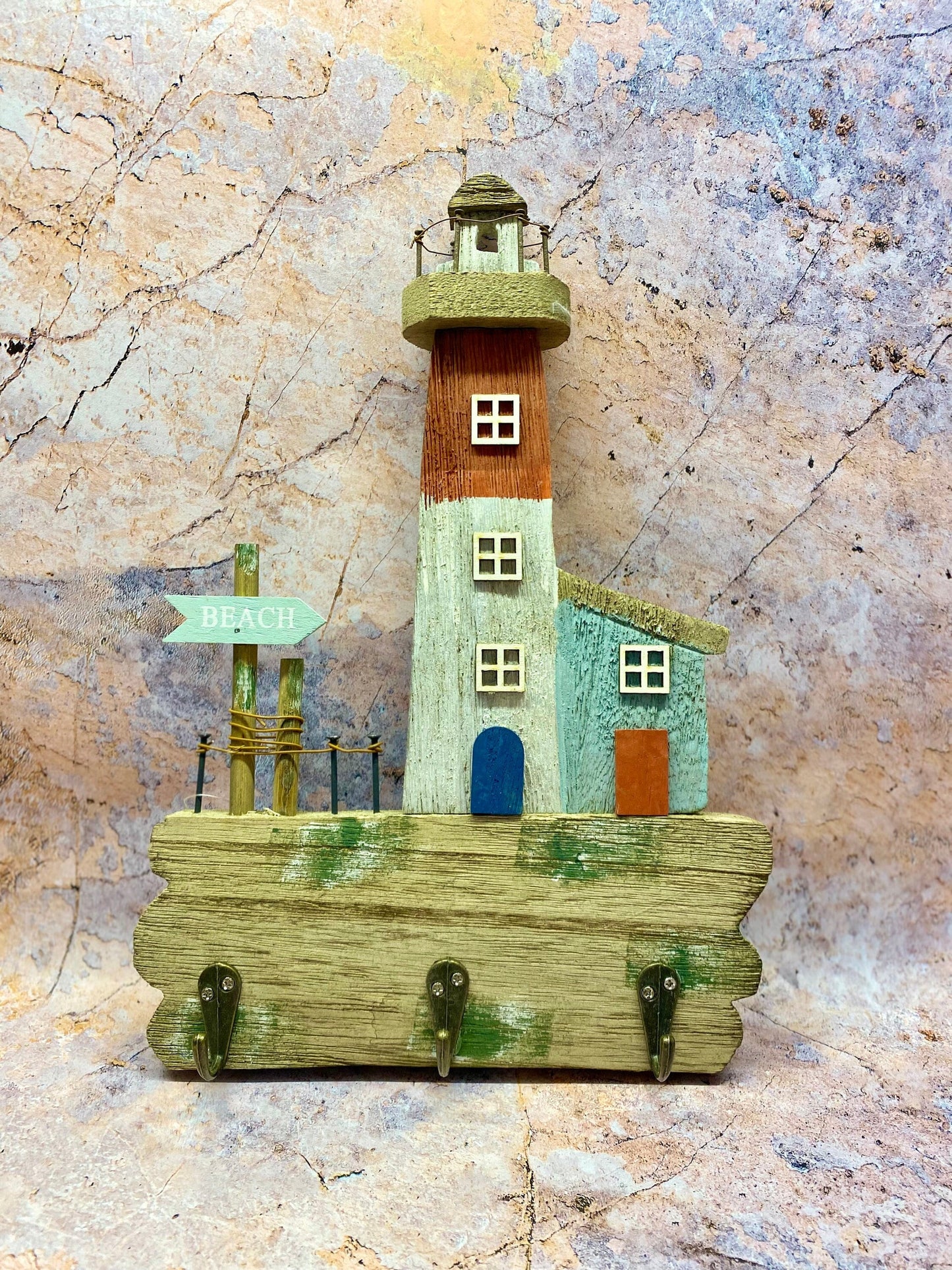 Charming Coastal Lighthouse Key Holder – Reclaimed Wood Nautical Wall Decor with Hooks