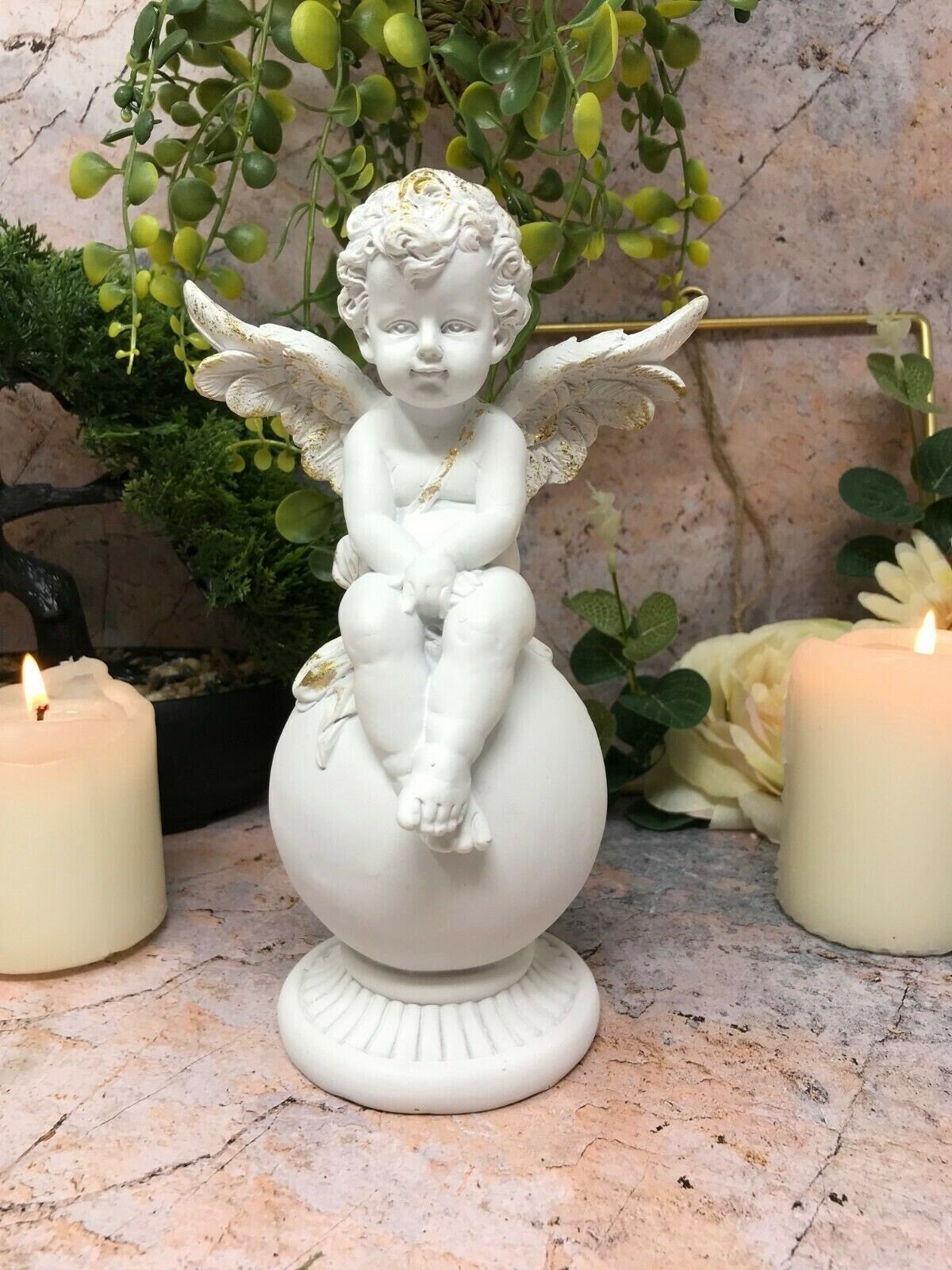 Guardian Angel Cherub on Sphere, White Resin Angelic Figurine, Peaceful Serenity Statue, Heavenly Decor, Spiritual Gift, Protective Ornament-Osiris Craftworks