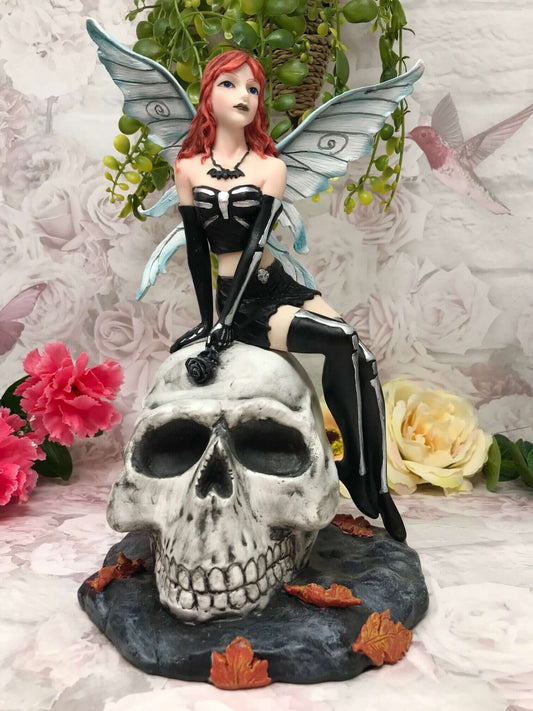 Enchanted Gothic Fairy on Skull Figurine - Fantasy Statue with Autumnal Accents - Mystical Fae Decor for Home - Magic Inspired Art Piece-Osiris Craftworks