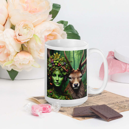 Enchanted Forest Guardian Mug - Green Spirit and Stag Companion - Available in Two Sizes