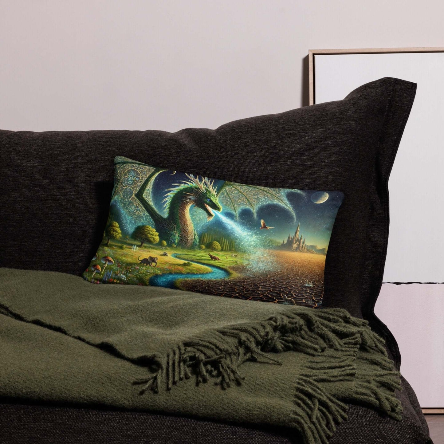 Coussin inspiré du dragon de Terrathalor - Gardien du renouveau Décoration mythique, décoration d'intérieur fantastique