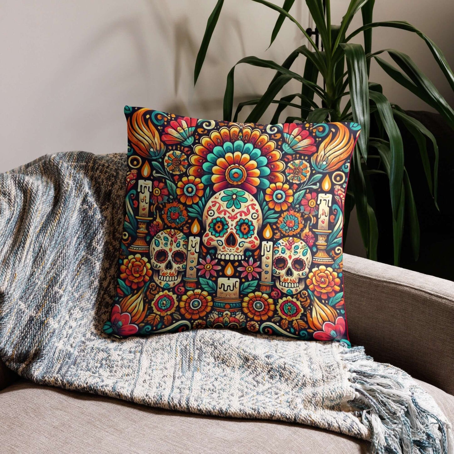 Vibrant Day of the Dead Wedding Couple Cushion - Mexican Skeleton Art Decor