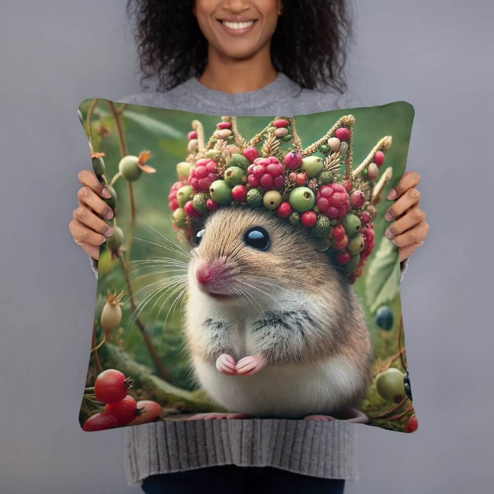 Royal Mouse Cushion - Adorable Field Mouse with Berry Crown 18x18" Decorative Throw Pillow