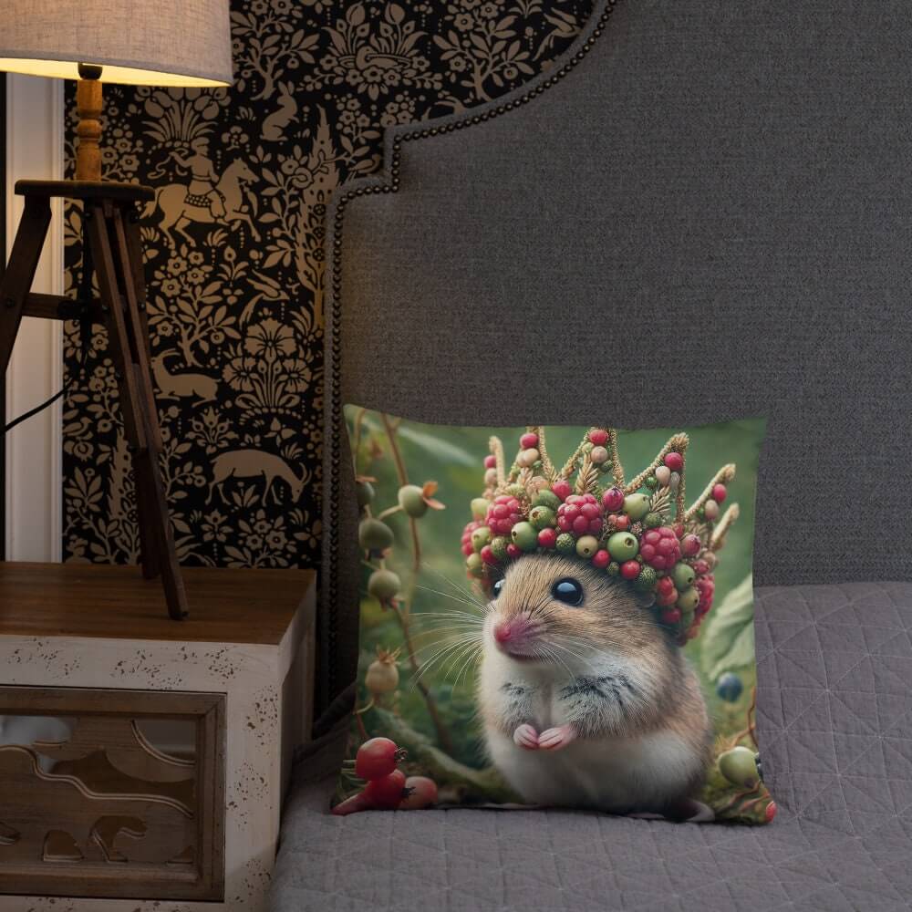 Royal Mouse Cushion - Adorable Field Mouse with Berry Crown 18x18" Decorative Throw Pillow