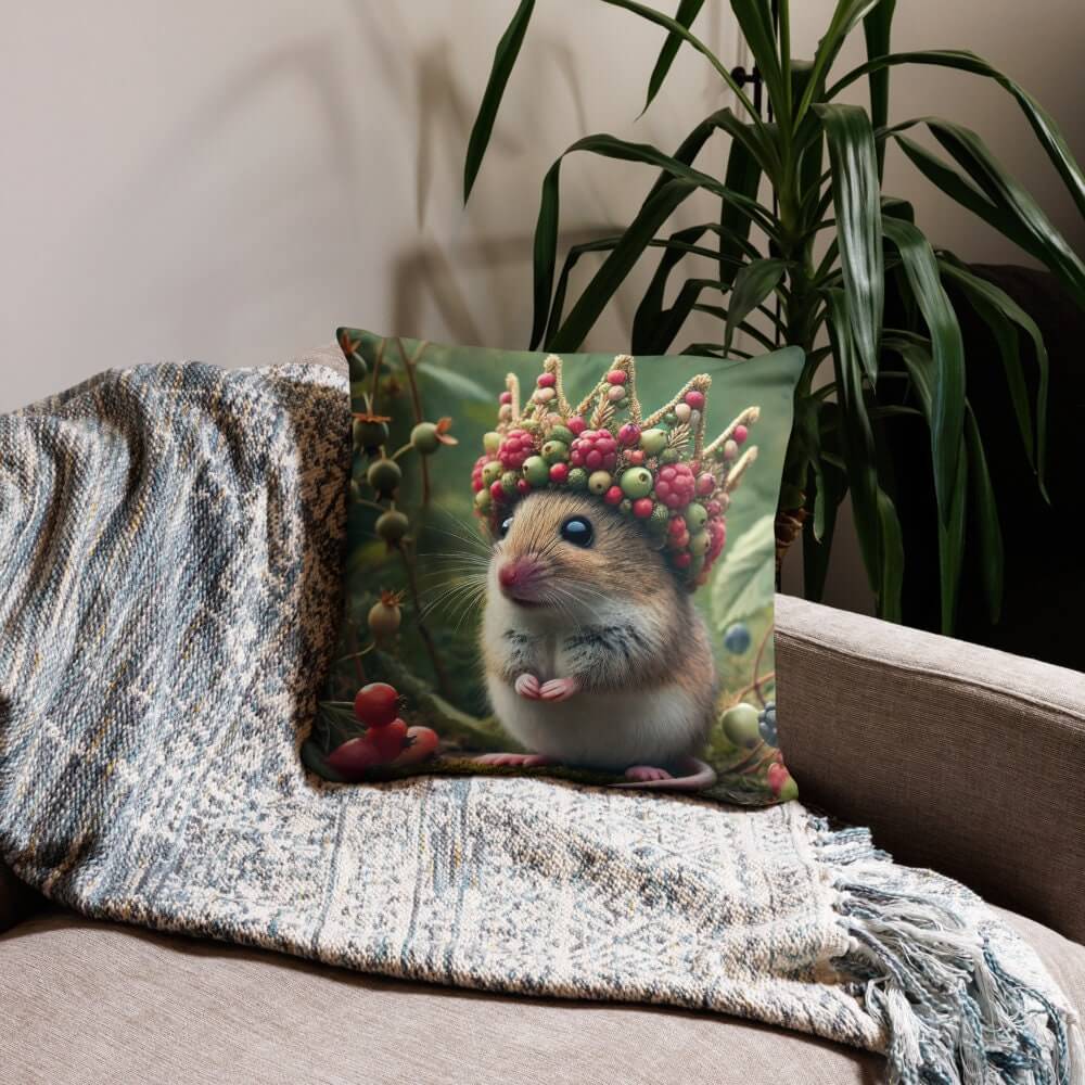 Royal Mouse Cushion - Adorable Field Mouse with Berry Crown 18x18" Decorative Throw Pillow