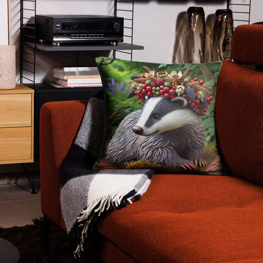 Royal Badger Cushion with Berry Crown Decorative Throw Pillow Woodland Animal Decor Unique Wildlife Home Accent