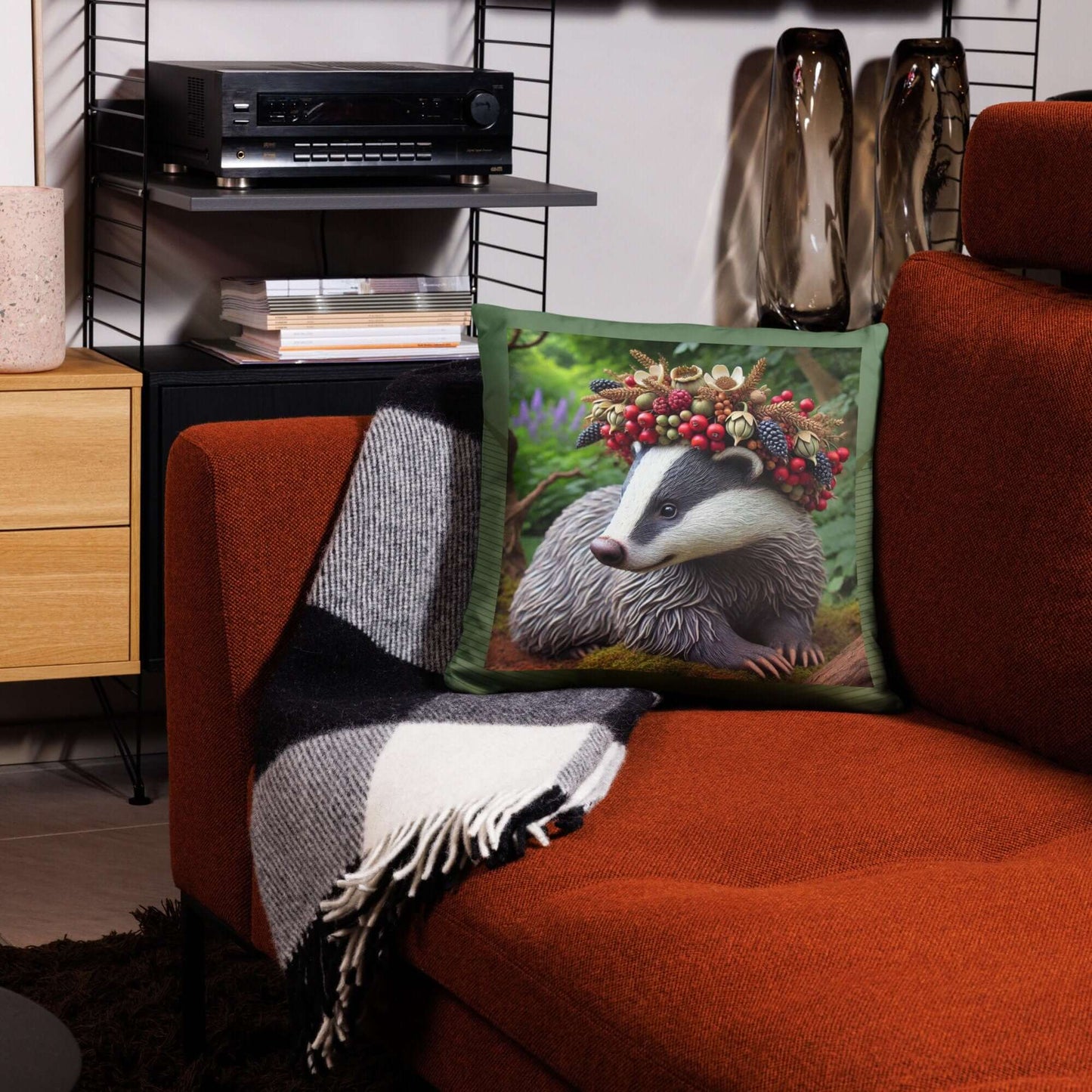 Royal Badger Cushion with Berry Crown Decorative Throw Pillow Woodland Animal Decor Unique Wildlife Home Accent