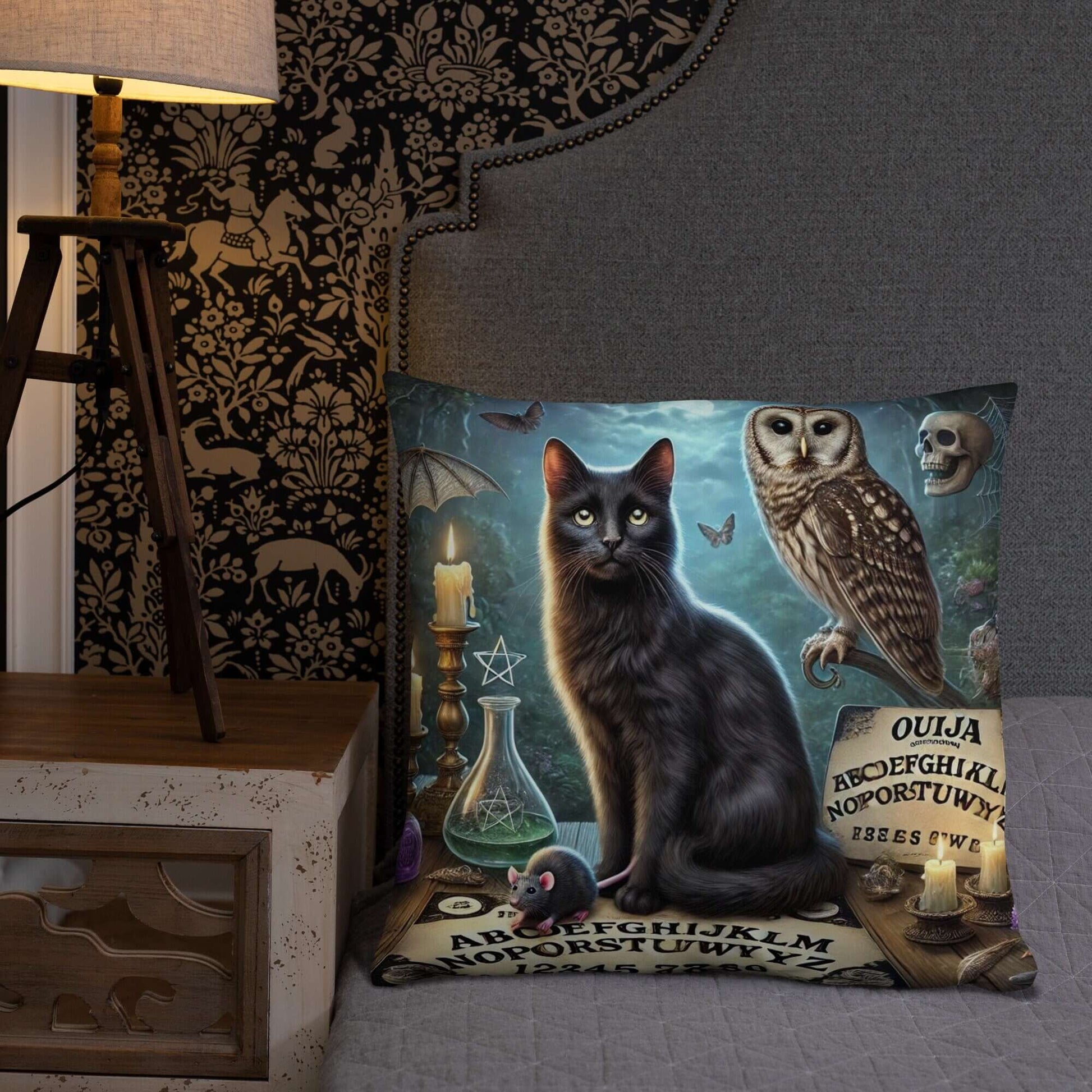 Magical World Inspired Cushion | Enchanted Black Cat, Owl & Ouija Board Design | Witchy Home Decor | Mystical Gothic Pillow-Osiris Craftworks