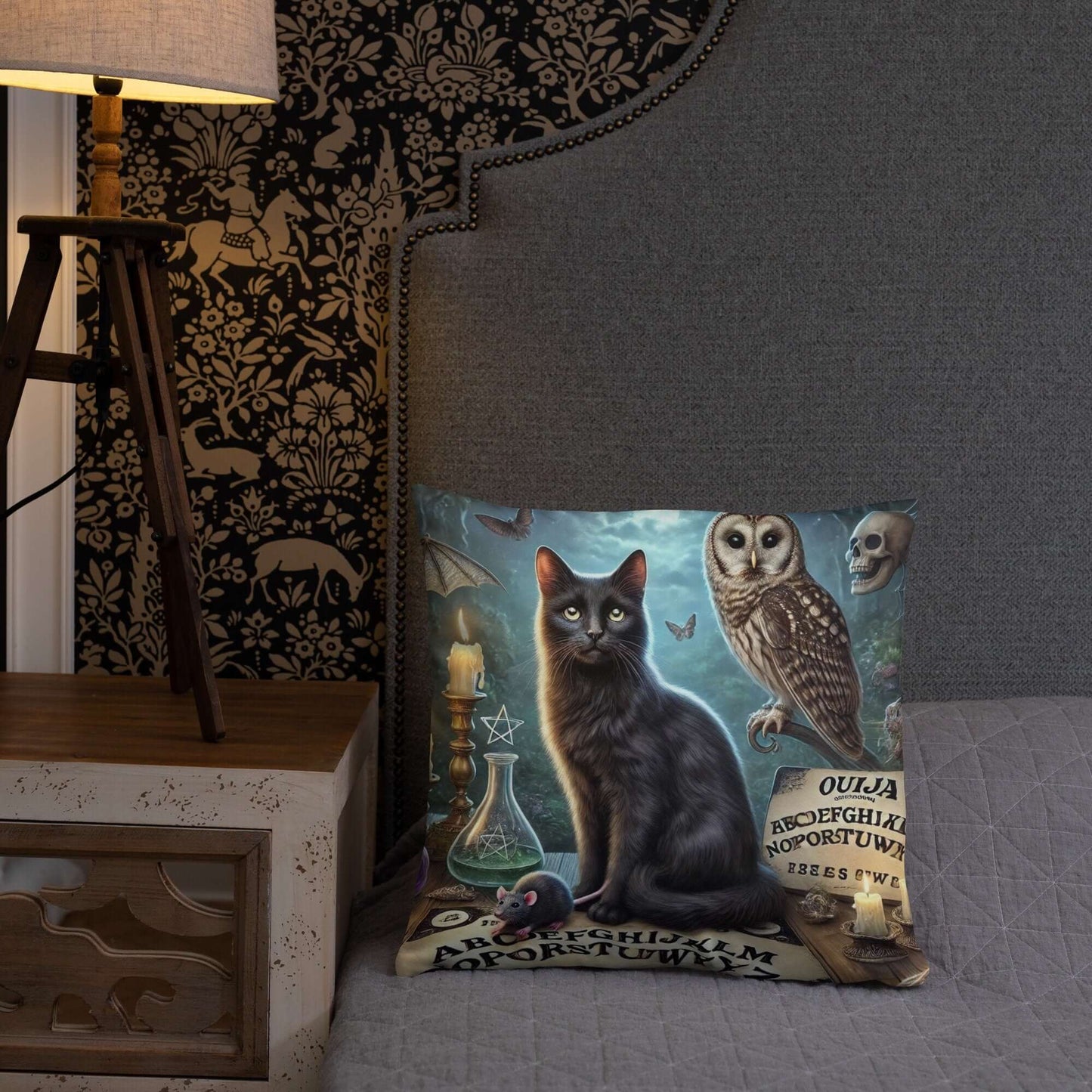 Magical World Inspired Cushion | Enchanted Black Cat, Owl & Ouija Board Design | Witchy Home Decor | Mystical Gothic Pillow-Osiris Craftworks