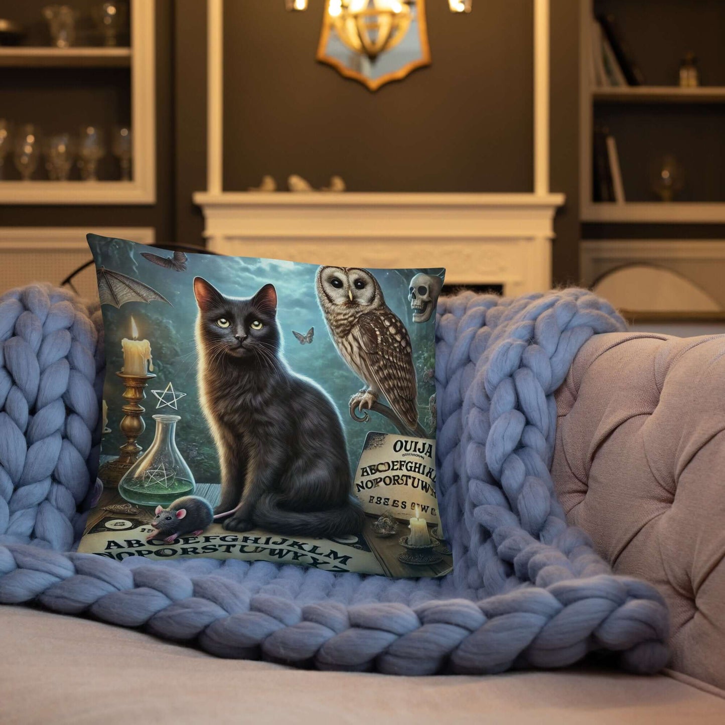 Magical World Inspired Cushion | Enchanted Black Cat, Owl & Ouija Board Design | Witchy Home Decor | Mystical Gothic Pillow-Osiris Craftworks