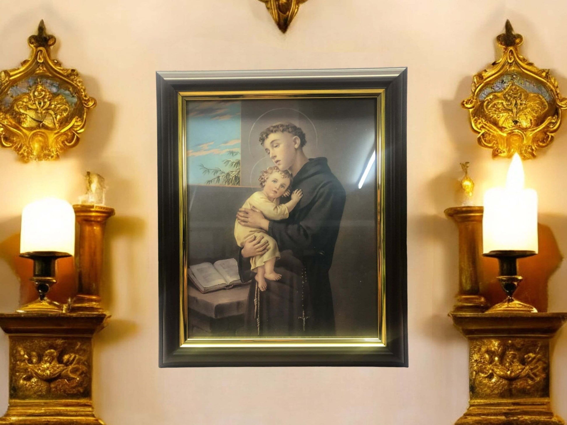 Saint Anthony and Baby Jesus Framed Picture - Laminated Religious Wall Decor, Christianity Home or Chapel Decoration, Ideal Gift-Osiris Craftworks