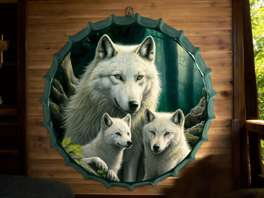 Majestic Wolf Family Metal Wall Art - 42cm Diameter, Ready to Hang, Nature Decor, Wildlife Metal Sign-Osiris Craftworks