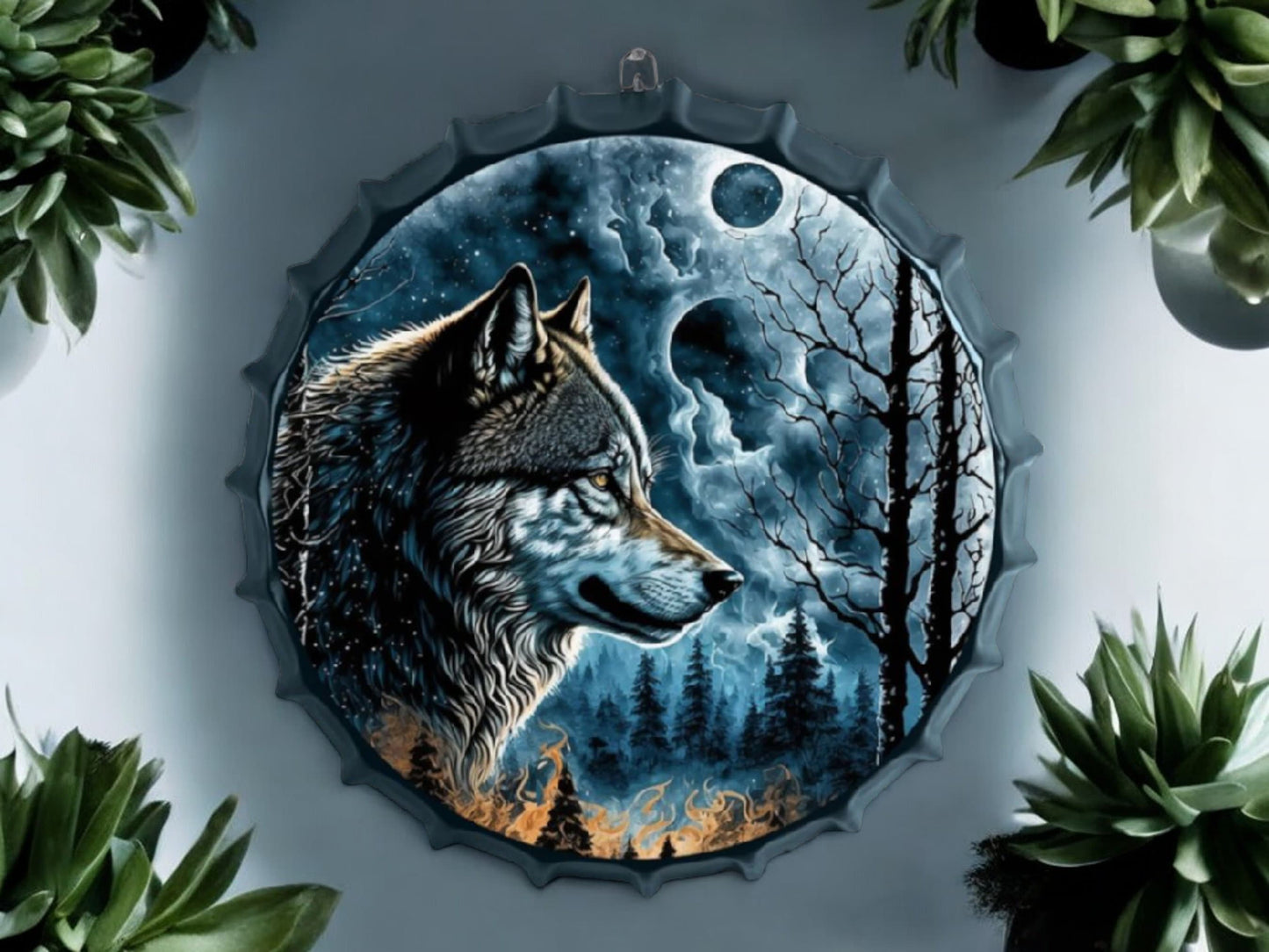 Décoration murale en métal au clair de lune Lone Wolf - Décoration de loup en métal de 42 cm, prête à accrocher, rêve d'amoureux de la nature, décoration d'intérieur rustique