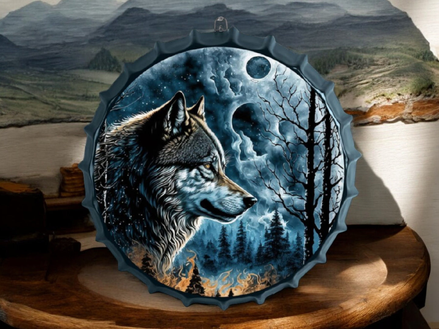 Décoration murale en métal au clair de lune Lone Wolf - Décoration de loup en métal de 42 cm, prête à accrocher, rêve d'amoureux de la nature, décoration d'intérieur rustique