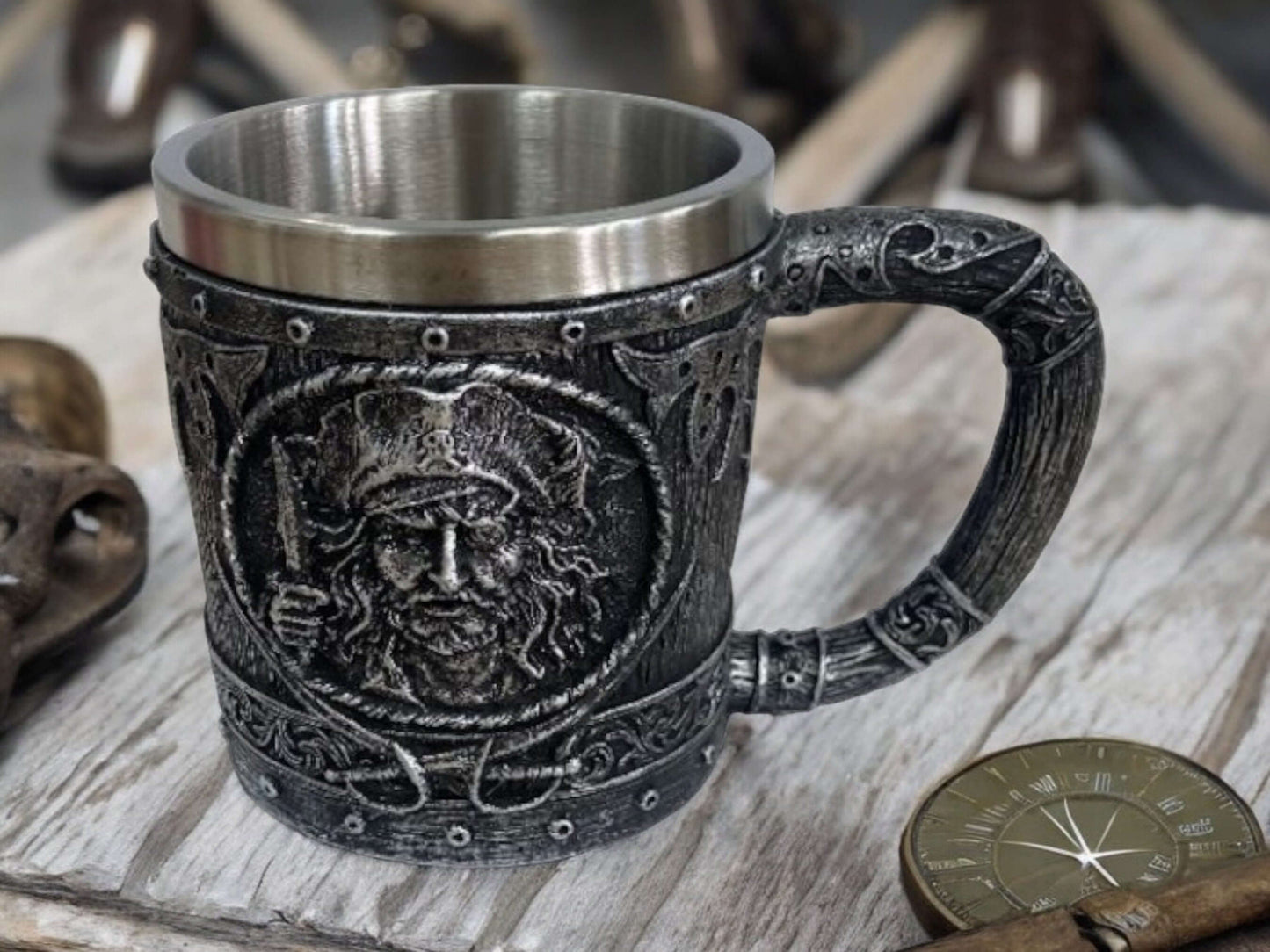 Pirate Resin Tankard - Handcrafted Gothic Mug, Stainless Steel Insert, Unique Pirate Decor-Osiris Craftworks