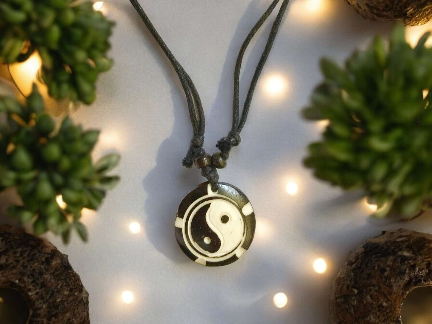 Hand Carved Tibetan Yin Yang Bone Pendant Necklace - Unique Buddhist Jewelry - Unisex Adjustable Length-Osiris Craftworks