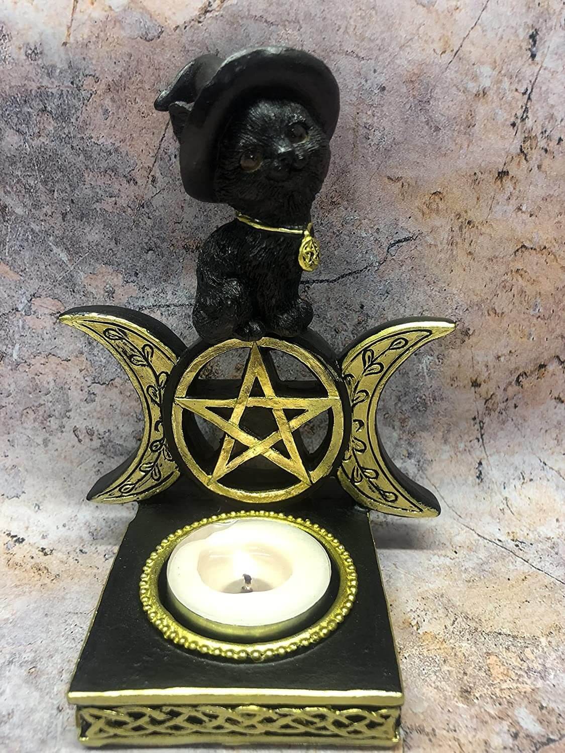 Enchanting Witch's Familiar: Triple Moon Goddess Cat Candle Holder with Witchcraft and Pagan Symbolism-Osiris Craftworks