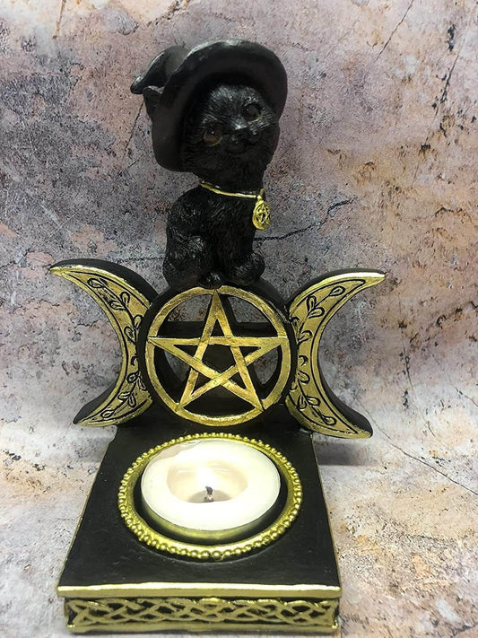 Enchanting Witch's Familiar: Triple Moon Goddess Cat Candle Holder with Witchcraft and Pagan Symbolism-Osiris Craftworks