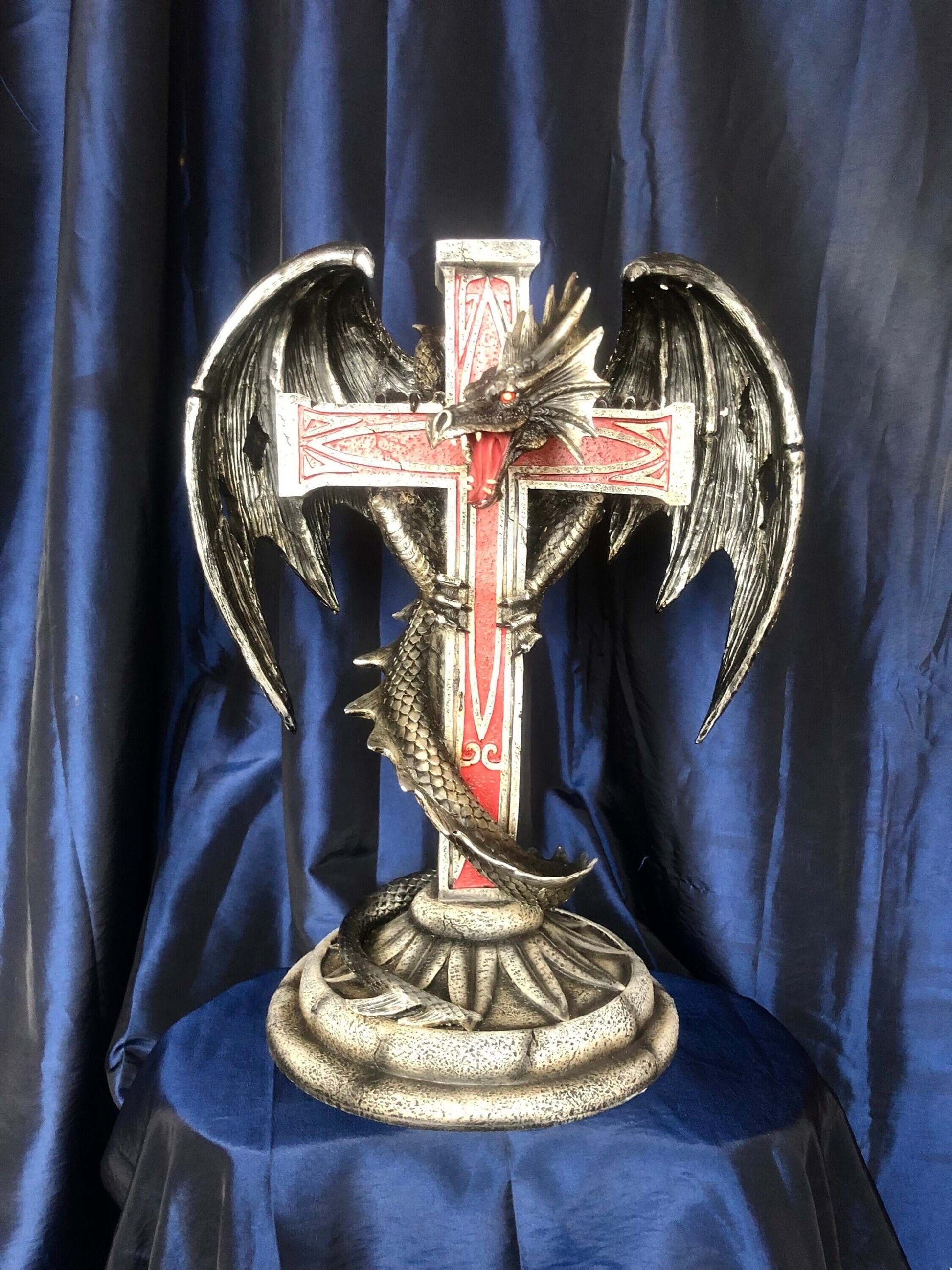 Dragon Embraced Crucifix Statue, Gothic Resin Cross with Dragon, Medieval Fantasy Decor, Enigmatic Mythical Dragon Art Piece-Osiris Craftworks