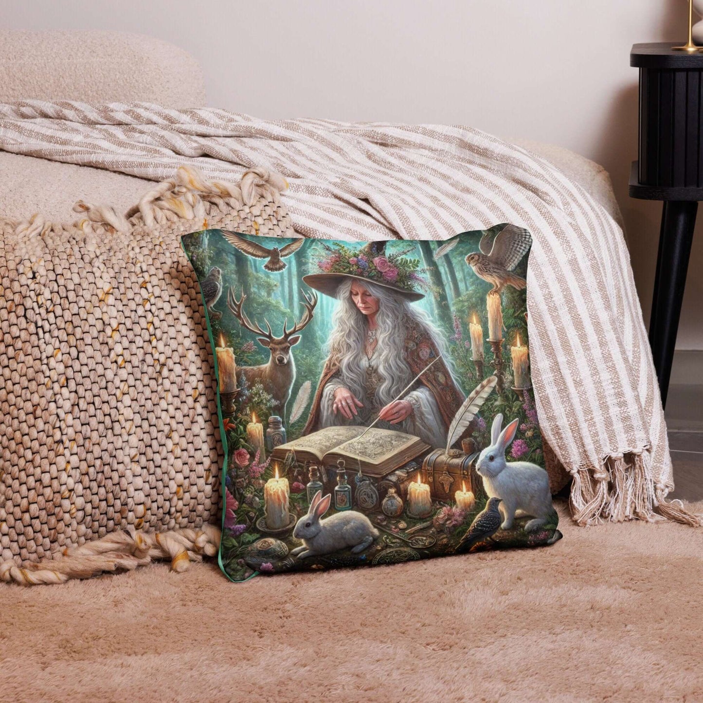 Mystical Forest Witch Cushion - Enchanting 18" x 18" Wiccan Decor, Magical Nature Pillow-Osiris Craftworks