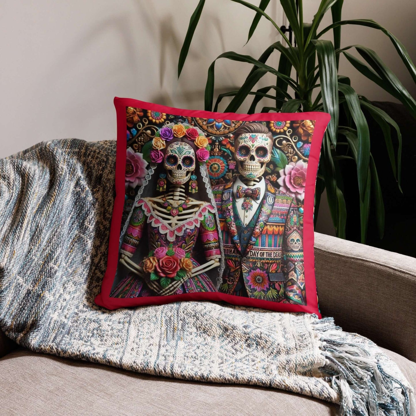 Coussin de couple de mariage vibrant du Jour des Morts - Décoration artistique en forme de squelette mexicain