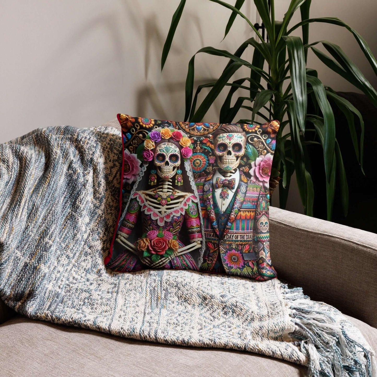 Coussin de couple de mariage vibrant du Jour des Morts - Décoration artistique en forme de squelette mexicain