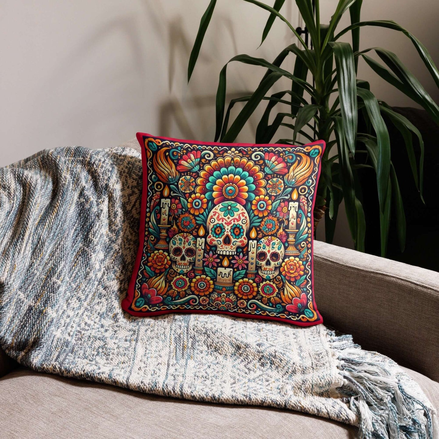 Vibrant Day of the Dead Wedding Couple Cushion - Mexican Skeleton Art Decor