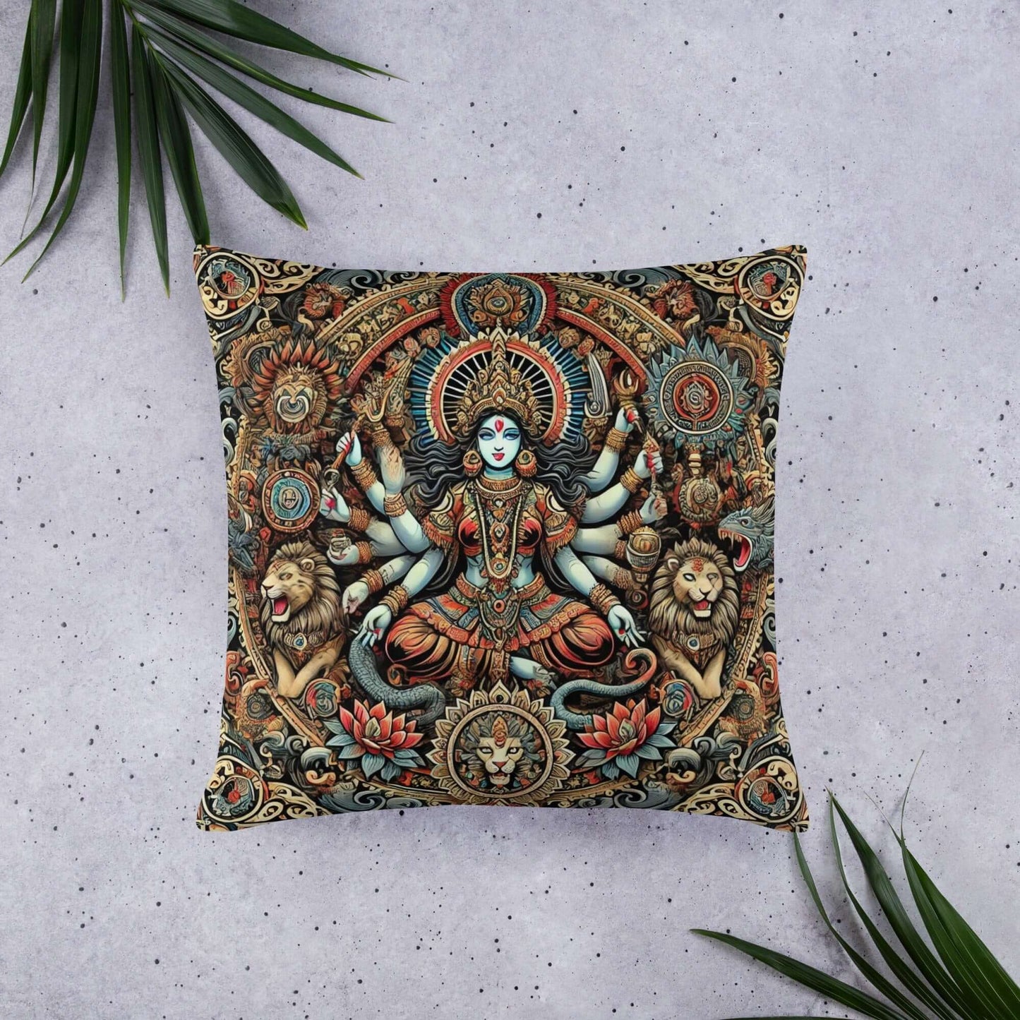 Coussin décoratif à motifs hindous vibrants de la déesse antique Kali