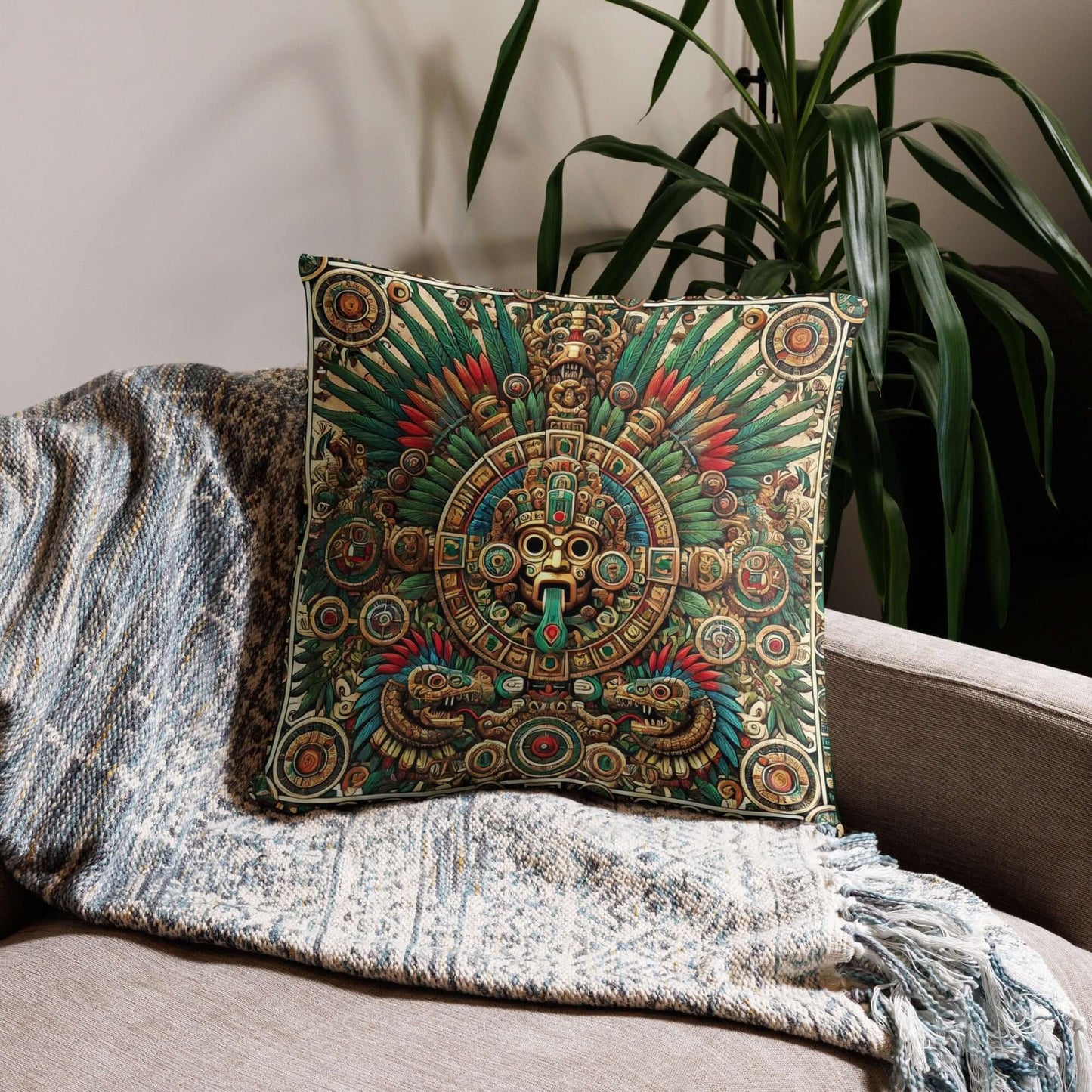 Ancient Mayan God Kukulkan Motif Cushion - Decorative Throw Pillow, Aztec-Inspired Home Decor, Vibrant Cultural Accent