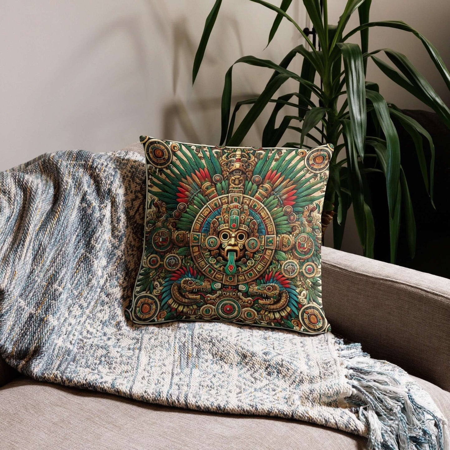 Ancient Mayan God Kukulkan Motif Cushion - Decorative Throw Pillow, Aztec-Inspired Home Decor, Vibrant Cultural Accent