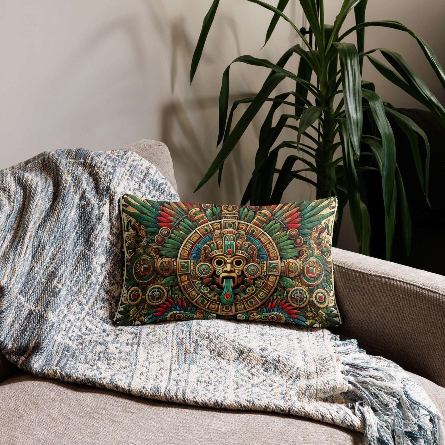 Ancient Mayan God Kukulkan Motif Cushion - Decorative Throw Pillow, Aztec-Inspired Home Decor, Vibrant Cultural Accent