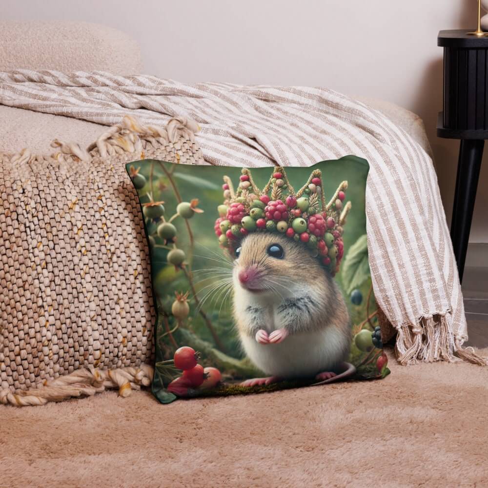 Royal Mouse Cushion - Adorable Field Mouse with Berry Crown 18x18" Decorative Throw Pillow