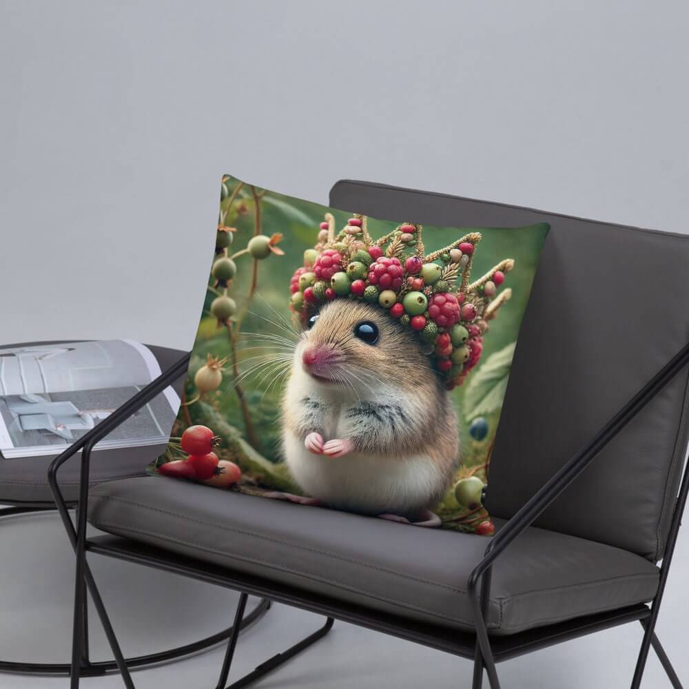 Coussin souris royale - Adorable souris des champs avec couronne de baies 18 x 18 po Coussin décoratif