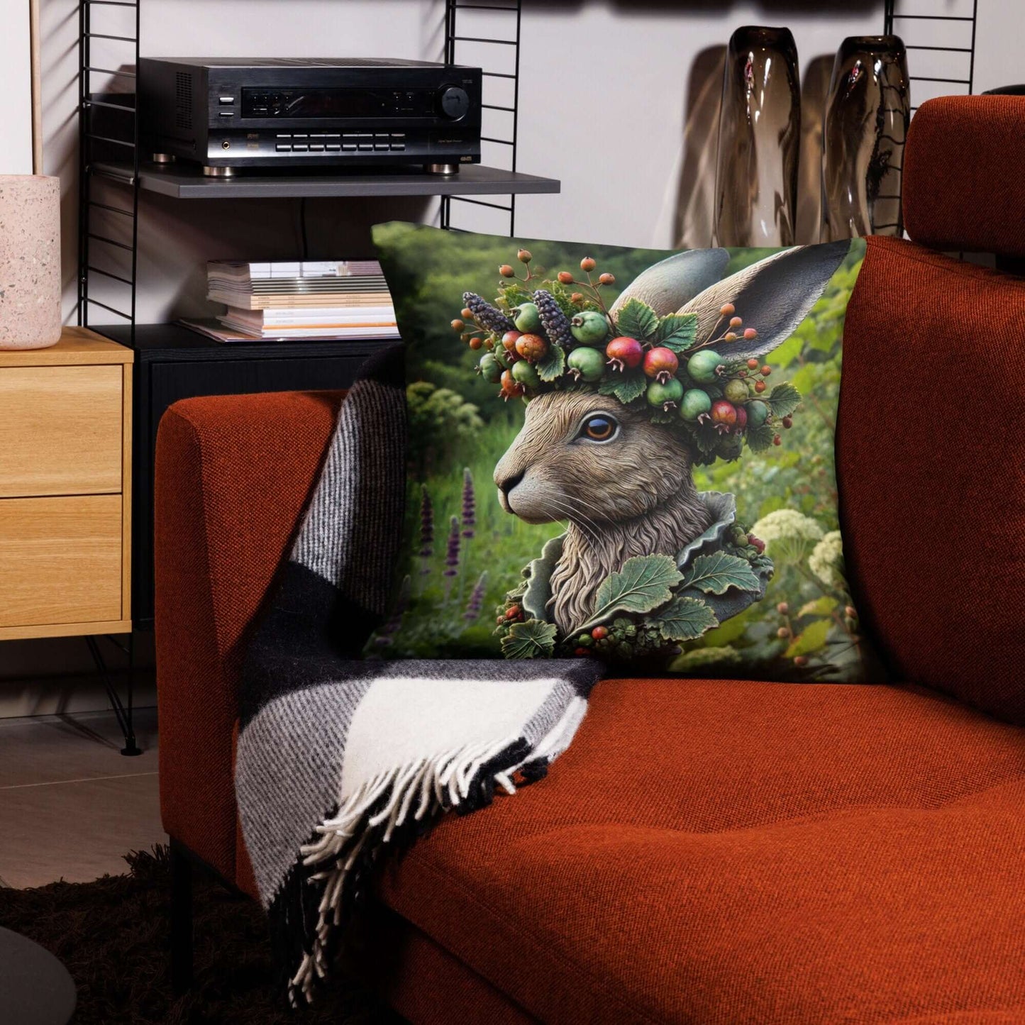 Royal Hare Woodland Inspired Cushion - Decorative Throw Pillow with Hare Bust in Nature