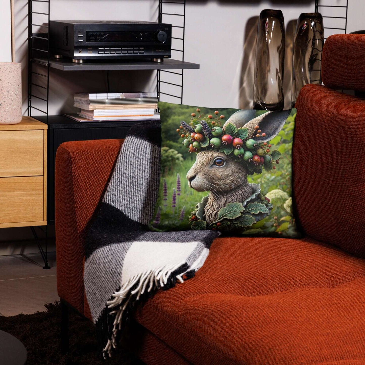 Royal Hare Woodland Inspired Cushion - Decorative Throw Pillow with Hare Bust in Nature