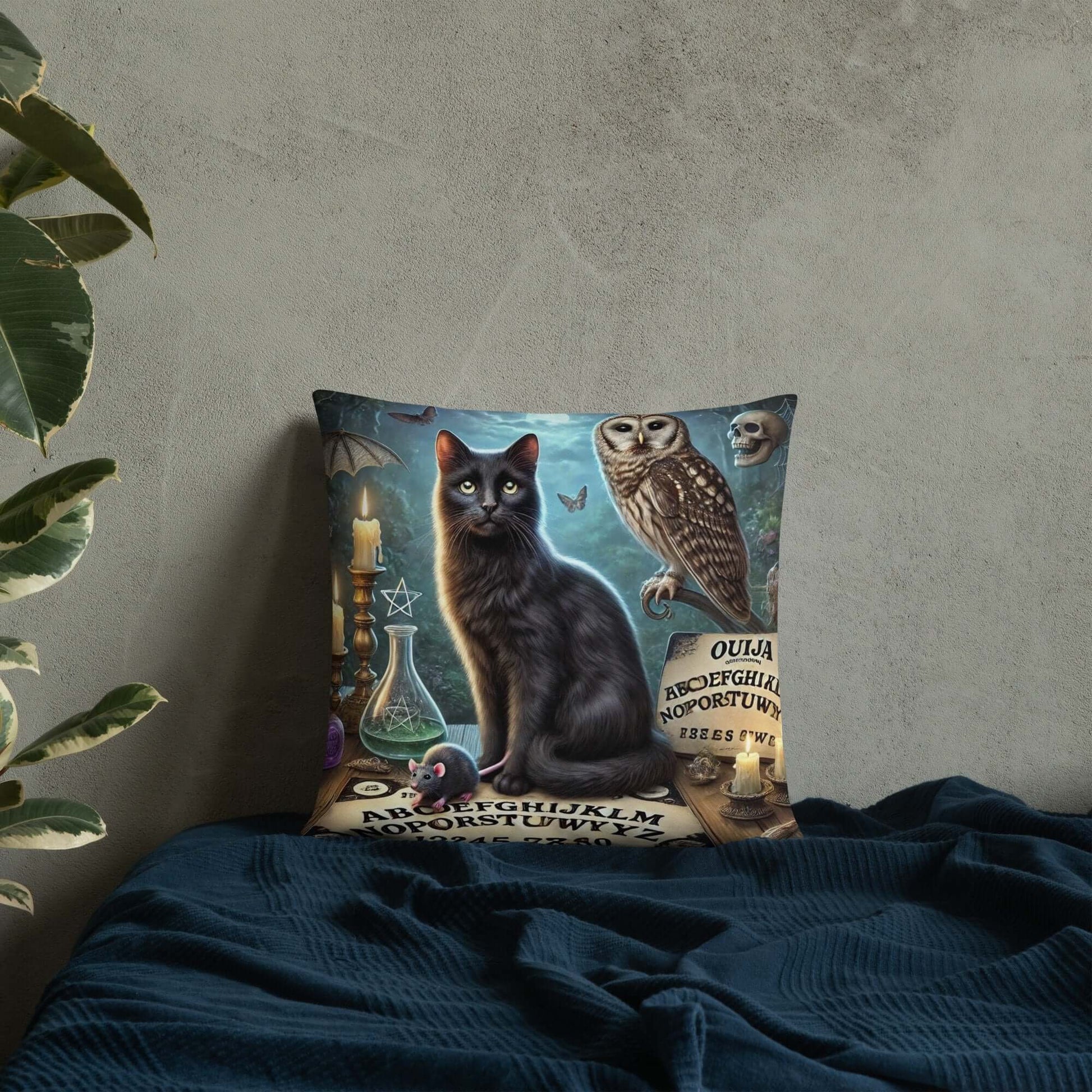 Magical World Inspired Cushion | Enchanted Black Cat, Owl & Ouija Board Design | Witchy Home Decor | Mystical Gothic Pillow-Osiris Craftworks