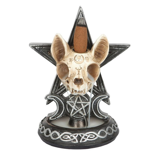 Mystical Skeleton Cat Backflow Incense Burner with Ouija & Pentagram Design, Gothic Decor - 15x12cm