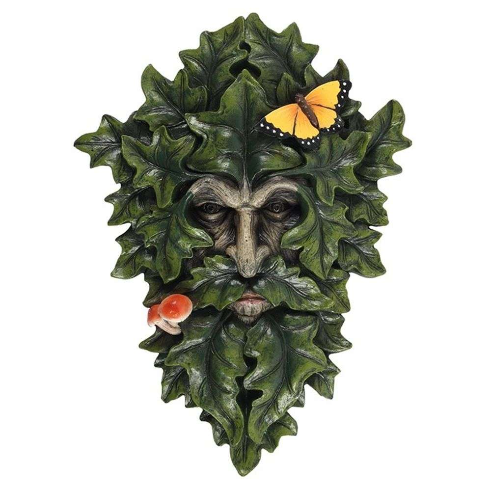 Green Man Wall Plaque with Butterfly & Toadstool - Indoor/Outdoor Decor - 29cm