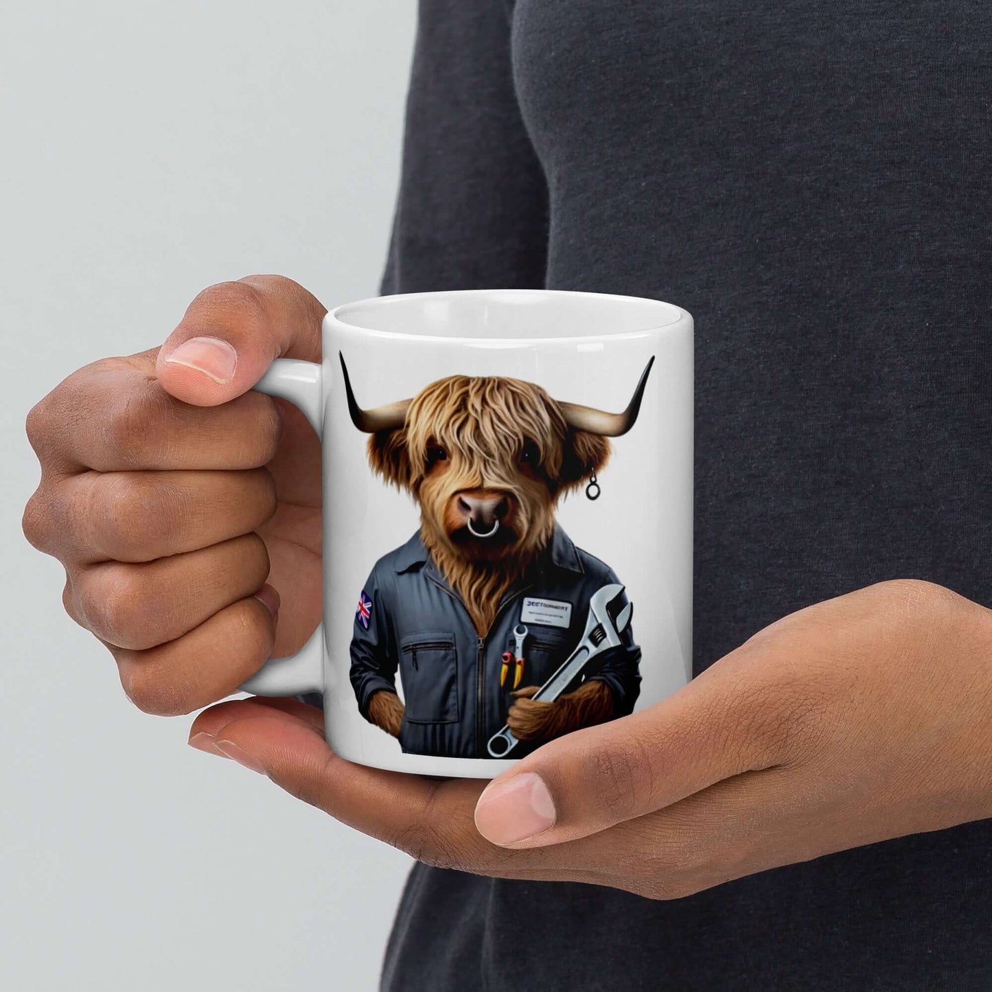 Highland Cow Mechanic Mug – 11oz Fun Animal-Themed Coffee Cup for Mechanics and Cow Lovers