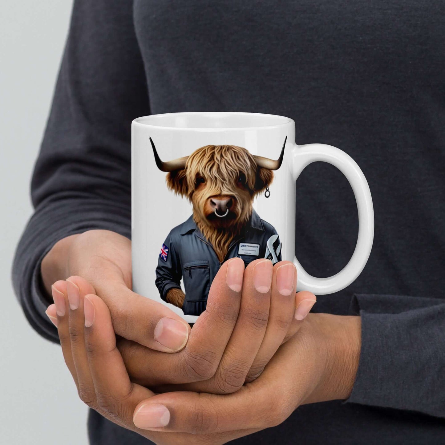 Highland Cow Mechanic Mug – 11oz Fun Animal-Themed Coffee Cup for Mechanics and Cow Lovers